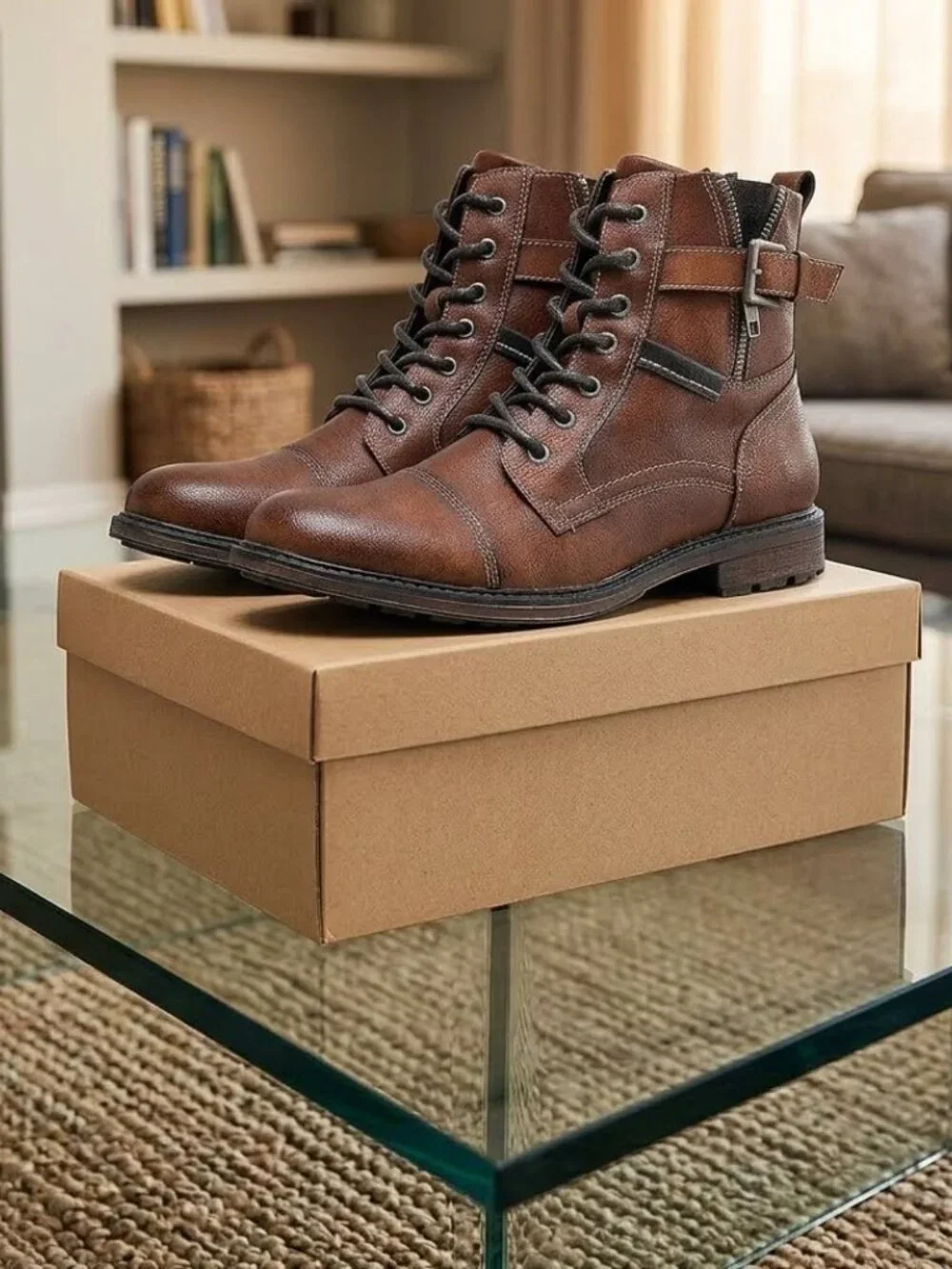 Men's Brown Oxford Boots Buckle Dress Lace Up Side Zipper